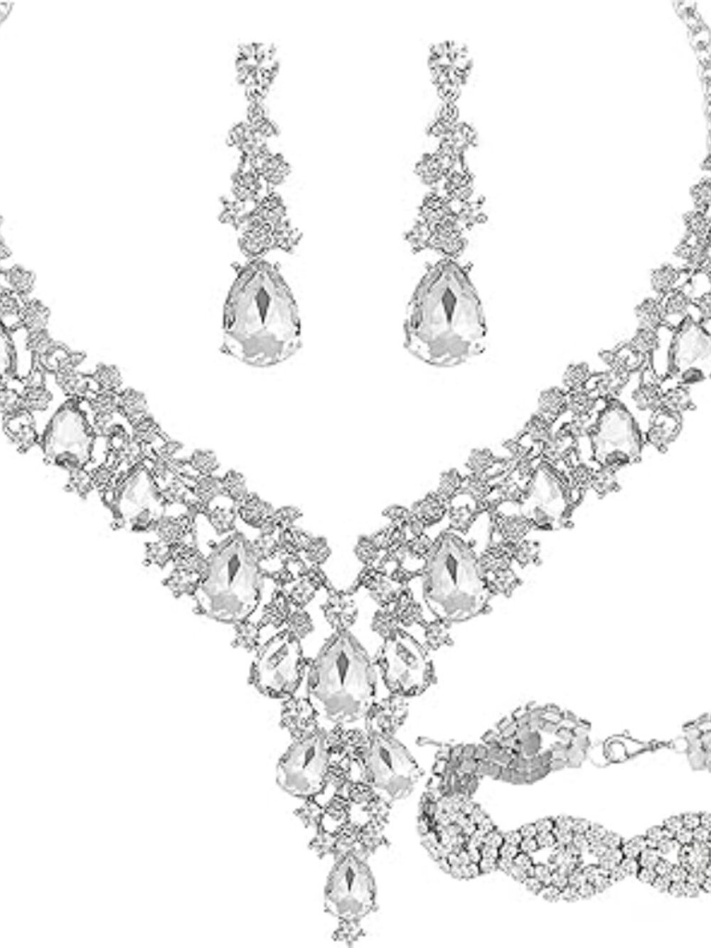Bridal Bridesmaid Prom Crystal Rhinestone Jewelry Set Silver Tone w/ Crystal Sto